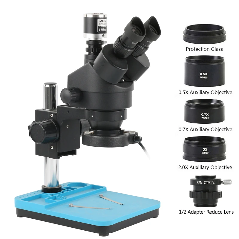 Simul-Focal Industrial Microscope 4K Hdmi - 3眼ステレオ顕微鏡7x-90x,対物焦点ズーム,4k hdmi,usb type-c,PC産業用ビデオカメラ,PCB溶接,電話修理セット