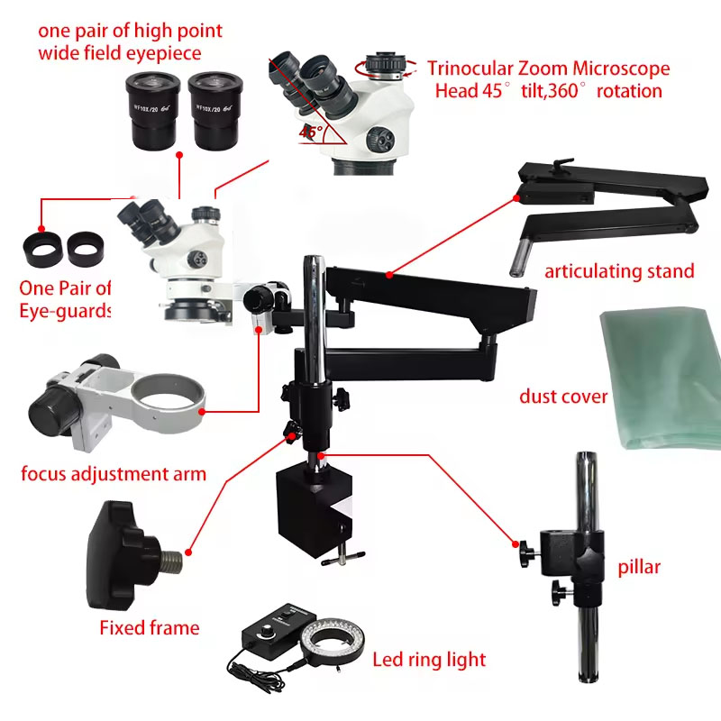 フレキシブル関節式アーム大型可動ブームスタンド付き7-50倍 - Articulating Arm Boom Stand Microscope のレビューと価格